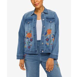 Alfred Dunner Petite Moody Blues Flower Embroidered Denim Jacket NWT